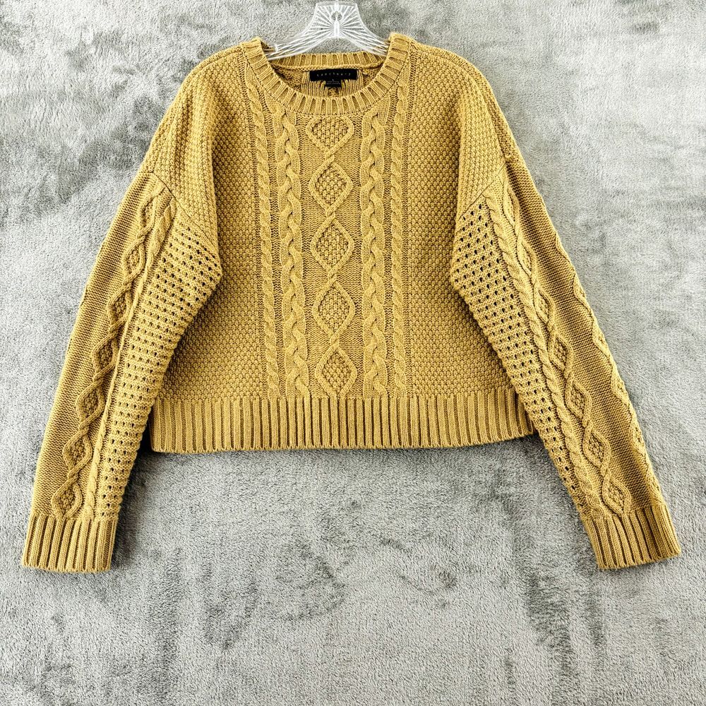 Sanctuary Cable‎ Knit Crop Sweater Womens L Tan Long Sleeve Pullover Scoop Neck